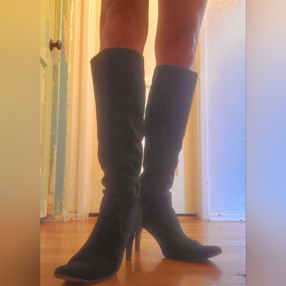 Cole Haan Boots Knee Length Pointed Toe Black Suede - Picture 4 of 10